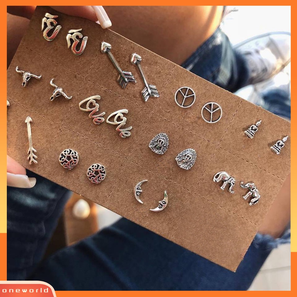 [WOD] 11pcs Wanita Panah Bulan Gajah Telinga Stud Anting Vintage Pesta Perhiasan Hadiah