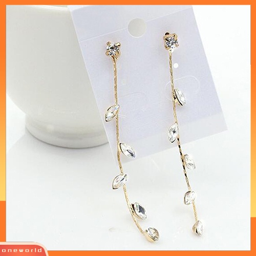 [WOD] Fashion Wanita Elegan Berlian Imitasi Daun Cabang Willow Ranting Linear Anting Panjang