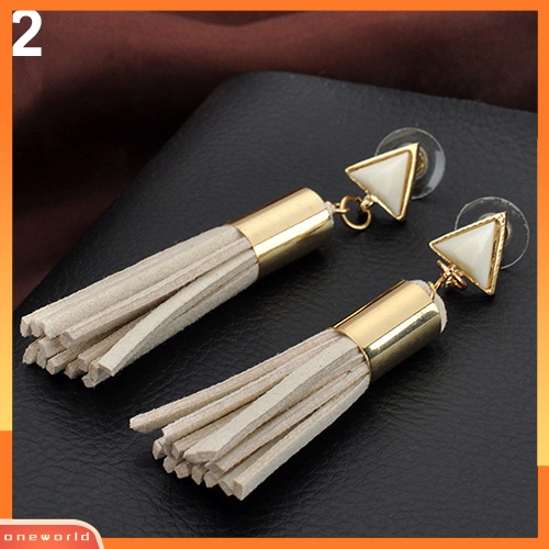 [WOD] Wanita Vintage Segitiga Faux Suede Jumbai Drop Earrings Anting Menjuntai Panjang