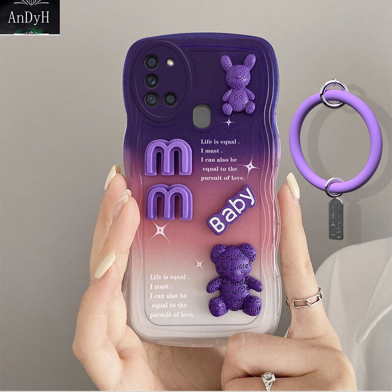 Andyh Desain Baru Untuk Samsung Galaxy A21S Case 3D Cute Bear+ Solid Color Bracelet Fashion Premium Gradient Soft Phone Case Silikon Shockproof Casing Pelindung Penutup Belakang