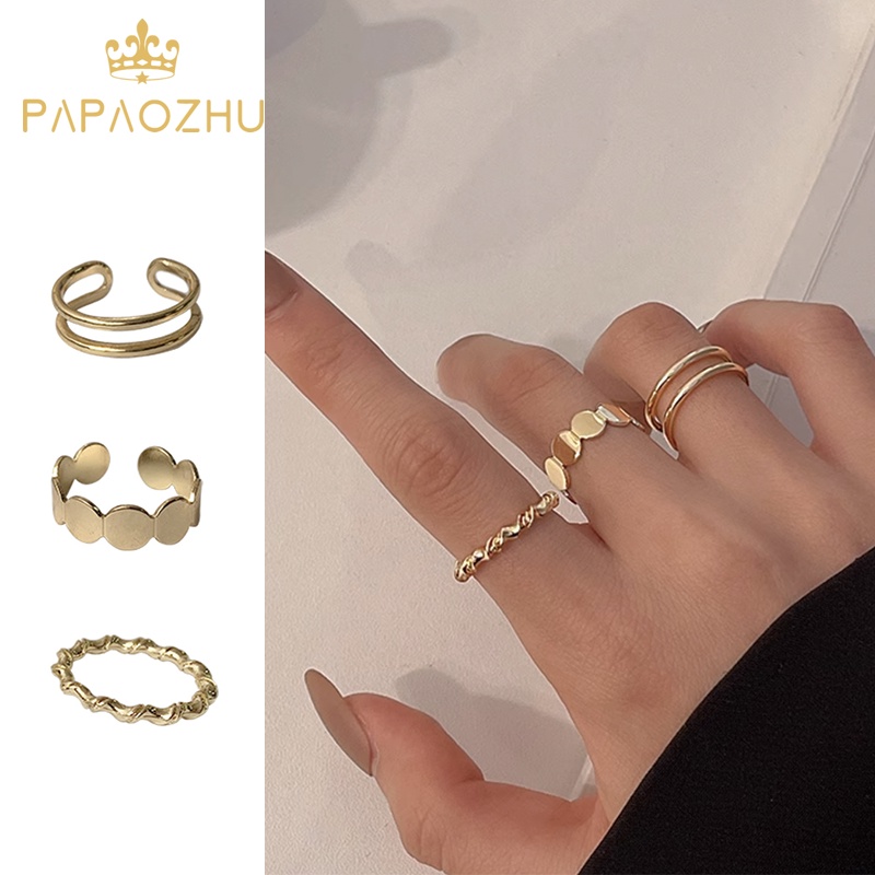 Papaozhu 3PCs Sederhana Memutar Garis Berongga Emas Terbuka Cincin Untuk Wanita Perempuan Vintage Disc Stackable Knuckle Ring Set Gaya Jari Aksesoris