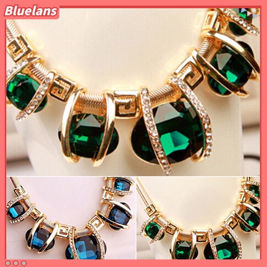 [BLS] Fashion Wanita Kristal Liontin Emas Rantai Choker Pernyataan Kecantikan Bib Kalung