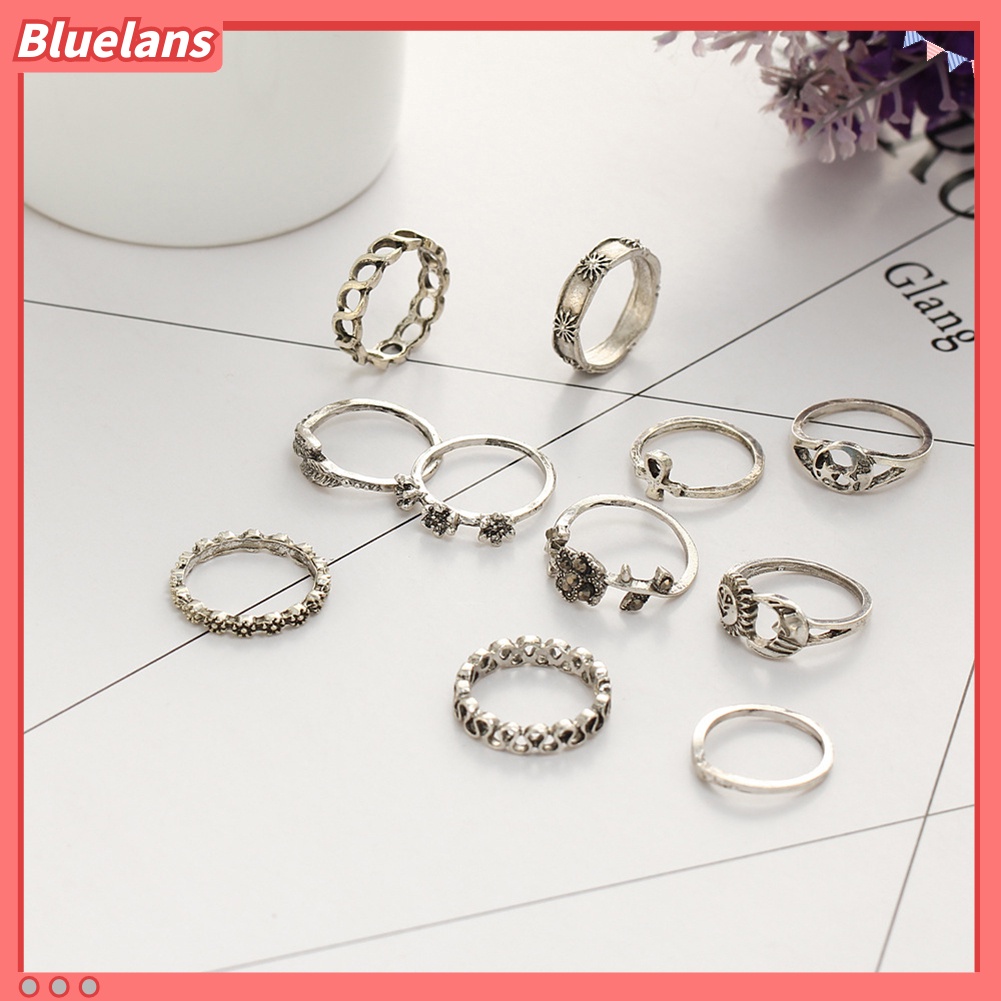 [BLS] 11pcs Bohemian Matahari Bulan Bintang Bunga Berongga Di Atas Buku Jari Wanita Midi Cincin Set