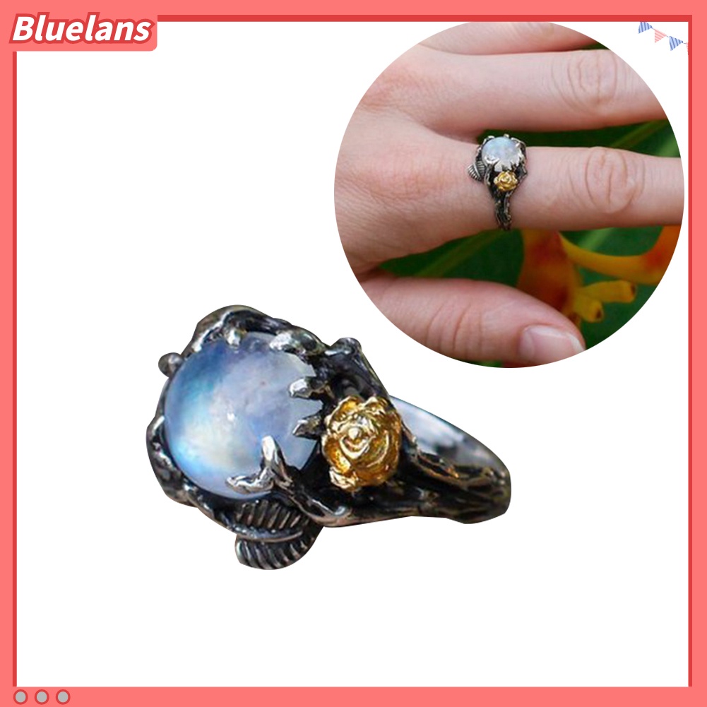 [BLS] Vintage Bulat Faux Moonstone Hias Mawar Daun Wanita Cincin Pesta Perhiasan Dekor