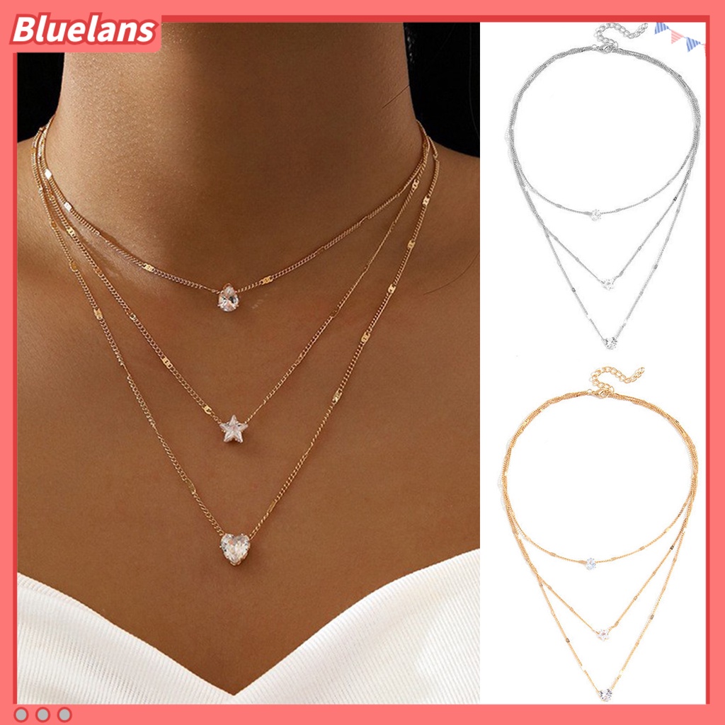 [BLS] Shiny Berlian Imitasi Adjustable Ekstensi Rantai Wanita Kalung Jantung Bintang Pesona Berlapis Liontin Kalung Pesta Perhiasan