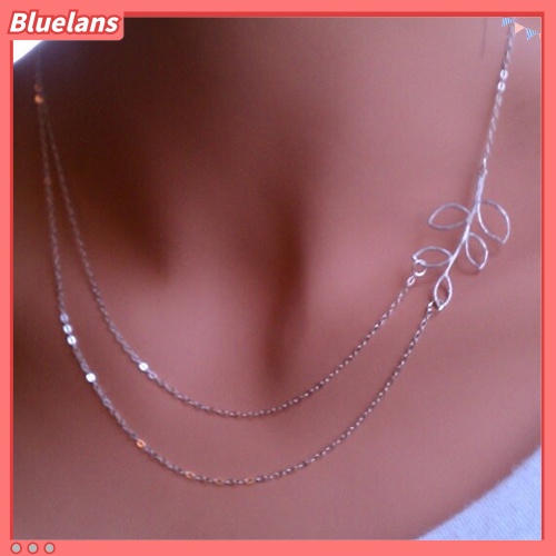 [BLS] Wanita Boho Fashion Rantai Berlapis Ganda Cabang Daun Pesona Perak Disepuh Kalung