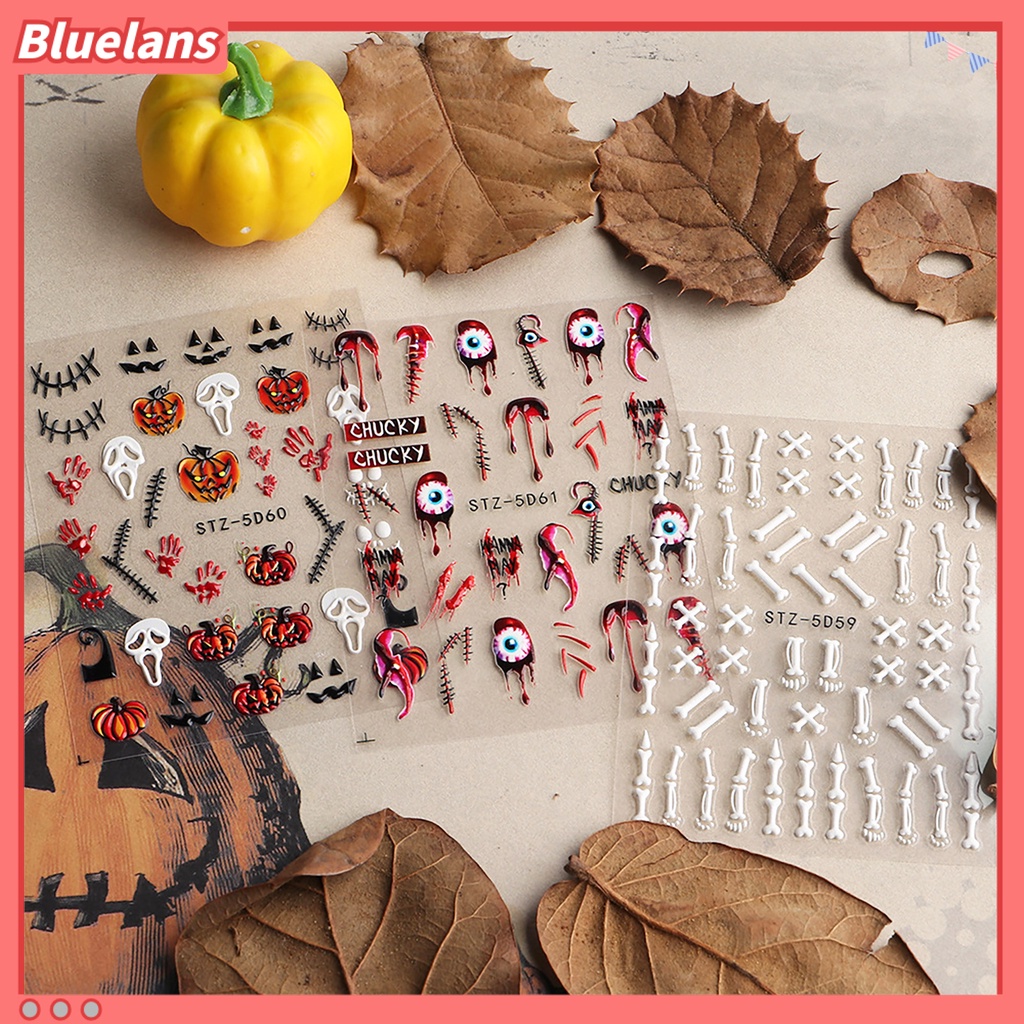 [BLM] Stiker Kuku Pola Horror Kuat Lengket Tidak Luntur Perekat Diri Yang Dapat Dilepas Dekoratif PVC Gaya Halloween DIY Nail Art Stiker Ornamen Perlengkapan Kuku