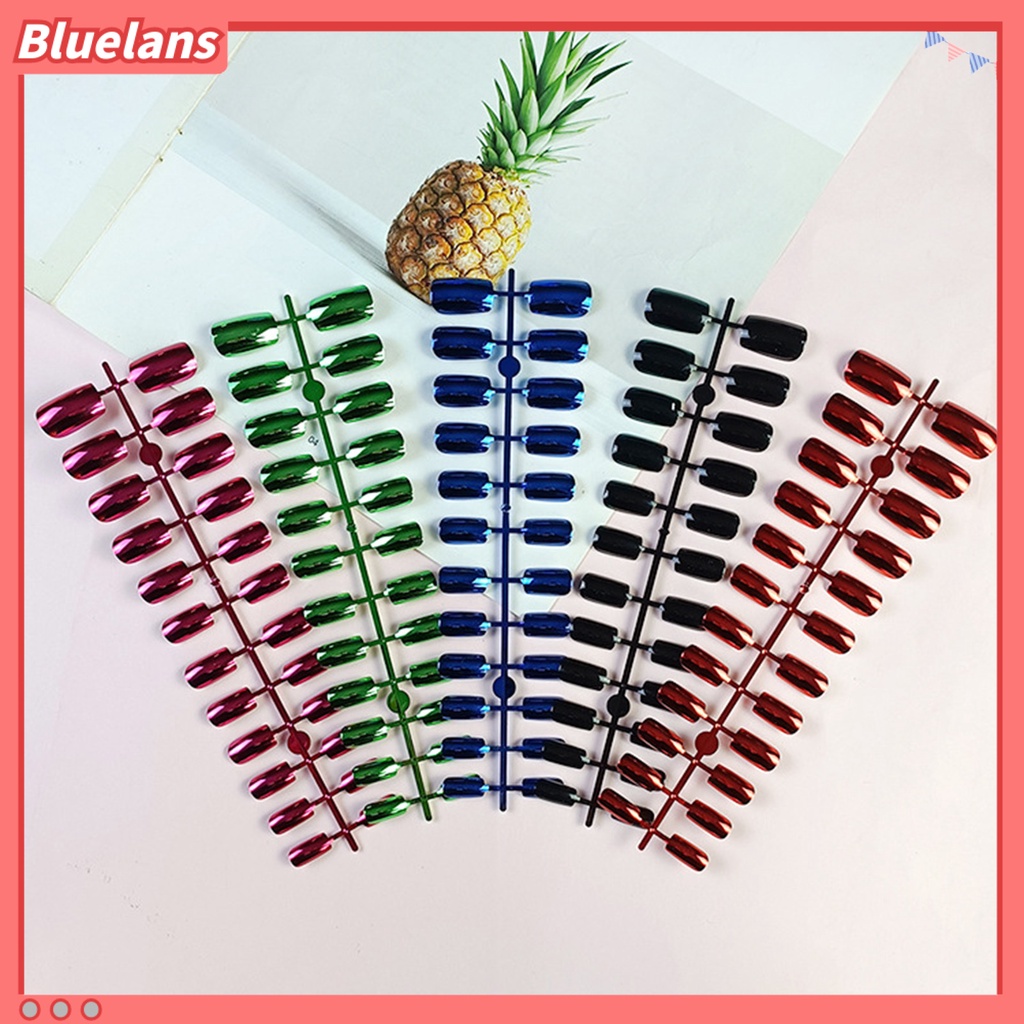 [BLM] 24pcs /Set Kuku Palsu Tahan Lama Penuh Penutup Memudar Tinggi Gloss DIY Warna Solid Kepala Datar Panjang Dilapisi Kuku Palsu Tip Pasokan Wanita