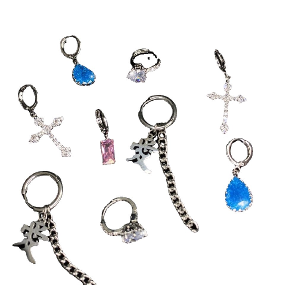 Pink Berlian Persegi Bertatahkan Zirkon Anting Salib Cantik Goreng Thunderbolt Pedas Gadis Tali Anting Gesper