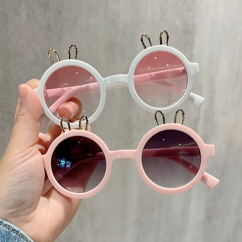 (YUZHU) Kacamata Hitam Kartun Telinga Kelinci Logam Untuk Anak-Anakfashion Bingkai Bulat Warna Permen Kerai Sunglasses Baby