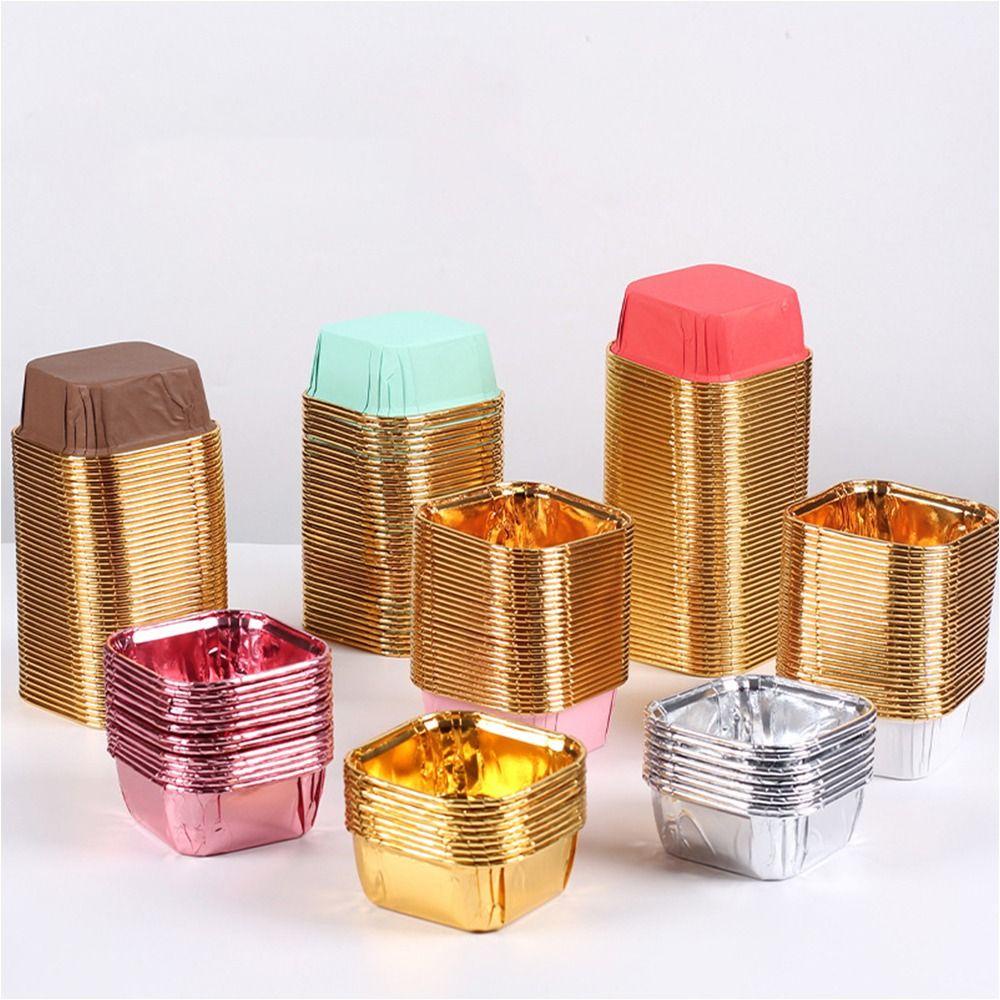 R-FLOWER 50pcs Aluminium Foil Tin Cup Cake Alat Tahan Panas Reusable Air Fryer Tinfoil Kotak Wadah Makanan Ringan Mini Muffin Cupcake Cups