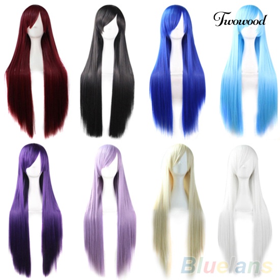 Twowood Fashion Gadis Wanita Panjang Cosplay Poni Miring Lurus Penuh Wig Rambut Ekstensi