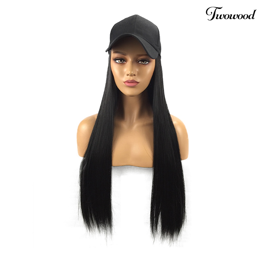 Twowood Wanita 2in1 Wig Rambut Sintetis Lurus Panjang Dengan Topi Pesta Ekstensi Sopak