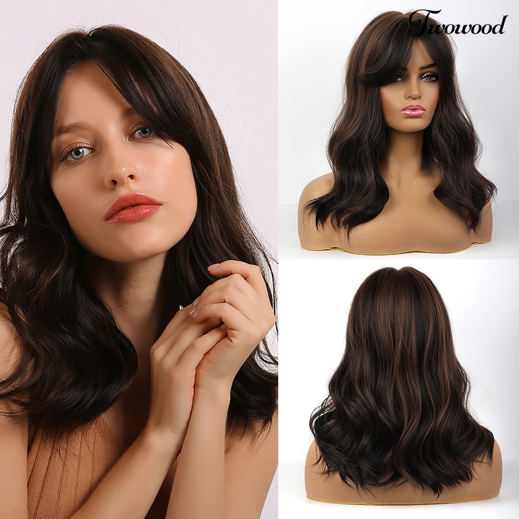 Twowood Fashion Wanita Bergelombang Medium Panjang Lembut Keriting Rambut Wig Cosplay Pesta Sopak Hadiah