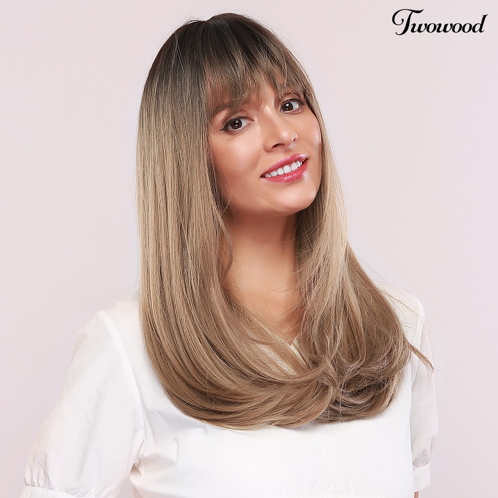Twowood Fashion Wanita Golden Brown Sintetis Poni Panjang Wig Cosplay Pesta Sopak