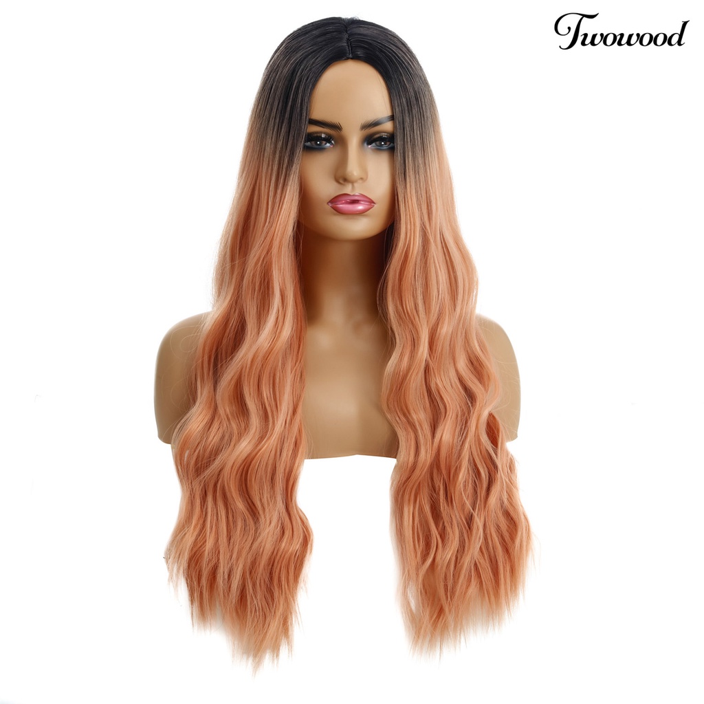 Twowood Wanita Gradiasi Warna Pusat Parting Panjang Keriting Wig Rambut Palsu Cosplay Sopak