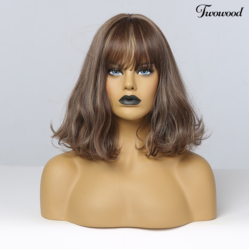 Twowood Wig Warna Gradasi Tahan Panas Coklat Wanita Berbulu Sopak Pendek Dengan Poni Untuk Pesta