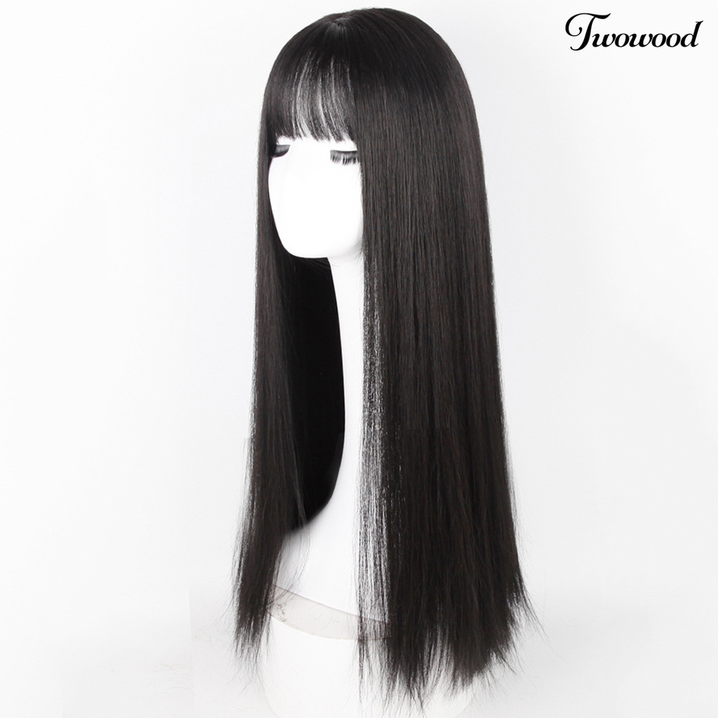 Twowood Wig Panjang Lurus Jaring Dalam Bernapas Serat Suhu Tinggi Bernapas Wig Rambut Hitam Untuk Perempuan