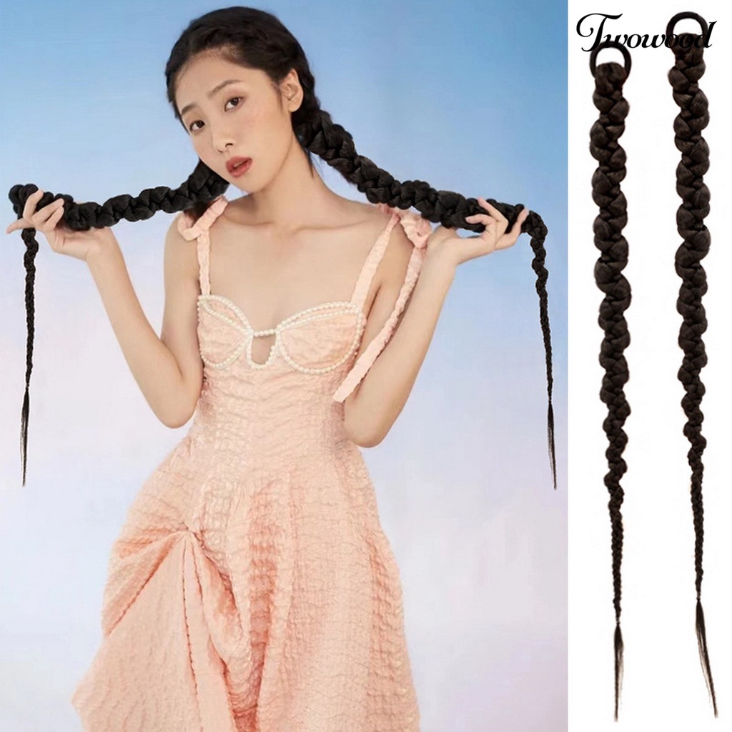 Twowood Wanita Wig Realistis Halus Lembut Alami Peregangan Tinggi Hairband Styling Rambut Meningkatkan-Volume Rambut Tinju Panjang Kepang Kuncir Hitam Wig Gadis Pasokan