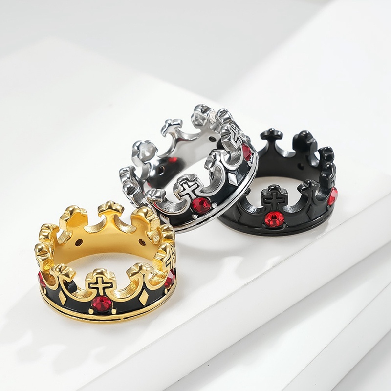 Royal King Knight Crown Ring Untuk Pria Dan Cowok Religi Cross Chunky Stainless Steel Rings Vintage Kristen Cincin Kawin Band Perak Hitam Emas