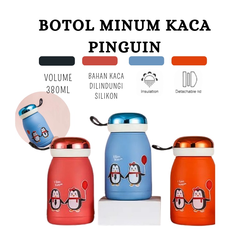 YGS -H414- Botol Minum Kaca Model Pinguin - Botol Minum Anak Lucu - Botol Minum Pinguin Cute 380ml