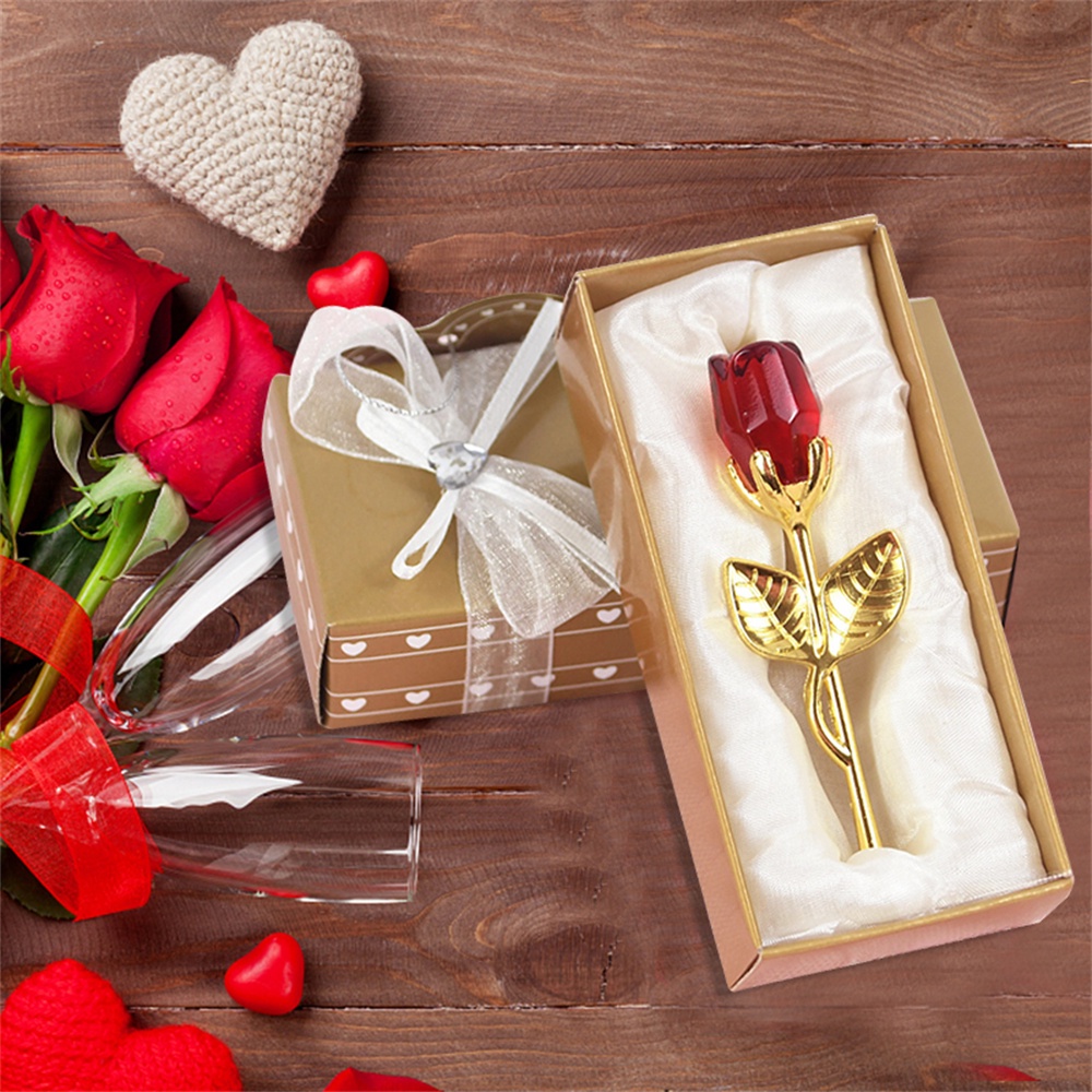 ღ Crystal Glass Rose Flower With Box Artificial Flower Mini Forever Red Gold Artificial Rose For Girlfriend Wedding Gift For Guest Mothers Day Gift