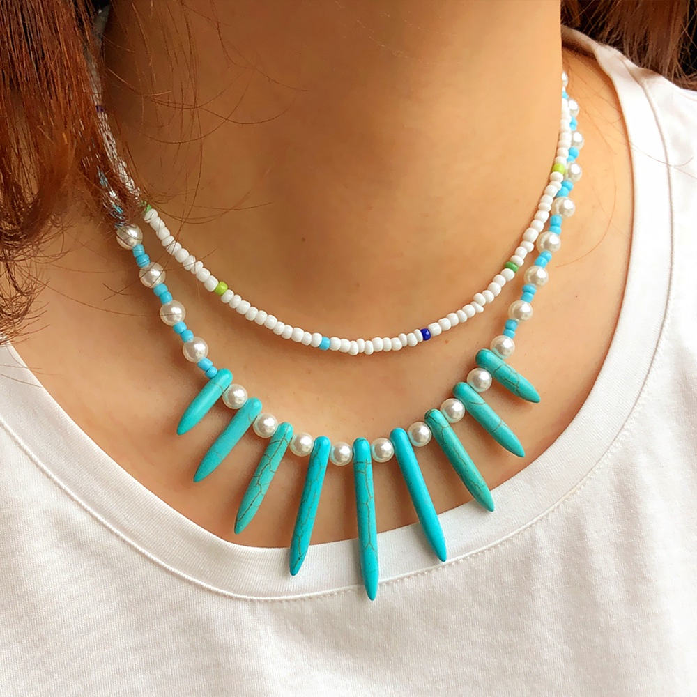 Bohemian Kalung Pendek Xiaomi Manik Double Layer Kalung Gaya Hip-Hop Eropa Amerika Perhiasan Buatan Tangan Mutiara Turquoise Collar