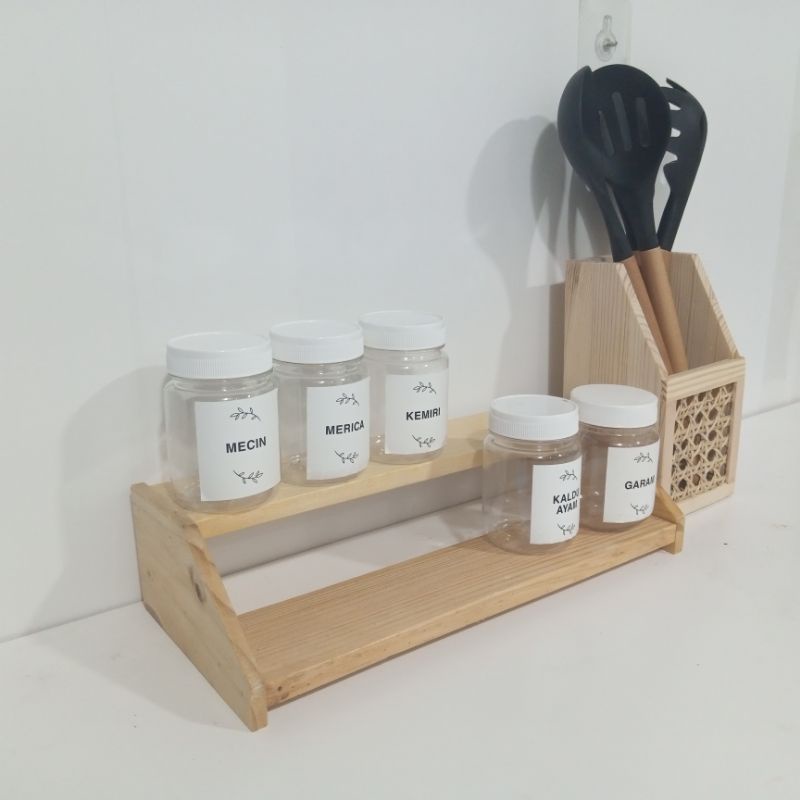 Rak Bumbu Toples Kayu Model Tangga 2 Susun - Tempat Bumbu Dapur 2 Tier - Abik Store