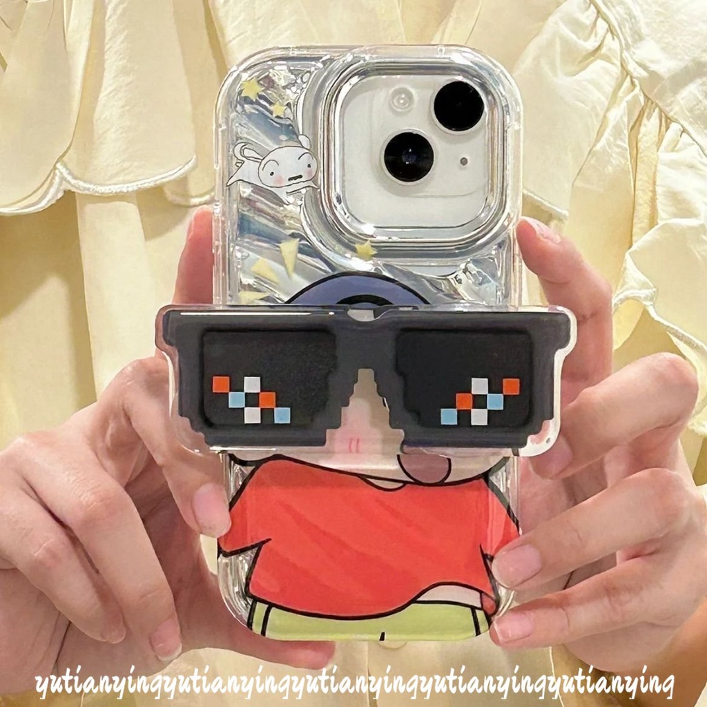 Kacamata Hitam Keren Crayon Shin-Chan Casing Kartu Laser Mewah Kompatibel Untuk IPhone XR XS X Max11 14 12 13 Pro Max 7Plus 6 6S 8plus Se2020 Dazzle Color 3D Stereo Corrugation Soft Case