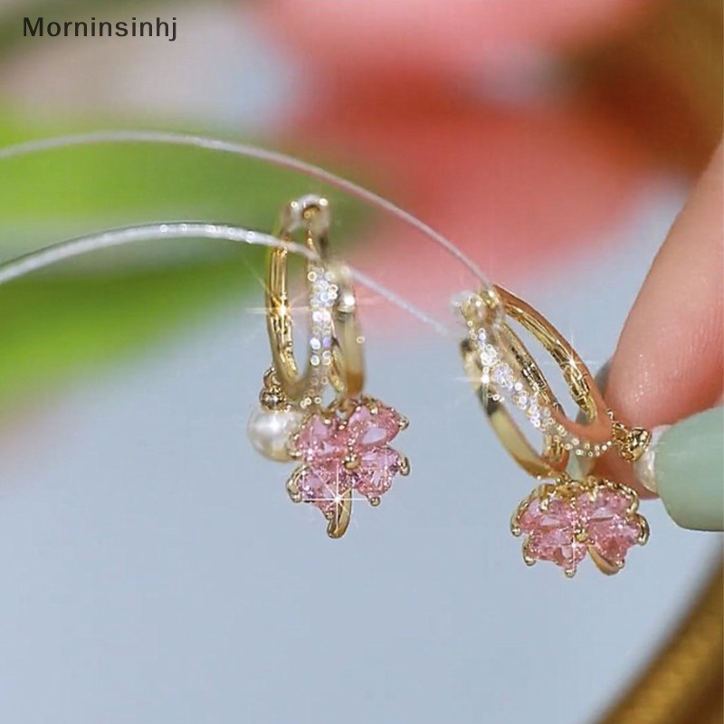 Mornin Anting Mutiara Bunga Empat Daun Kristal Merah Muda Untuk Wanita Yang Mewah, Rasa high-end, Temperamen Modis, Anting Merah Jala Trendi Baru id