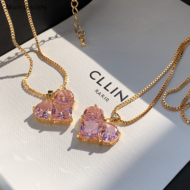 Mornin Tren Fashion Desain Unik Elegan Halus Pink Cinta Zirkon Klavikula Kalung Wanita Perhiasan Hadiah Pesta id