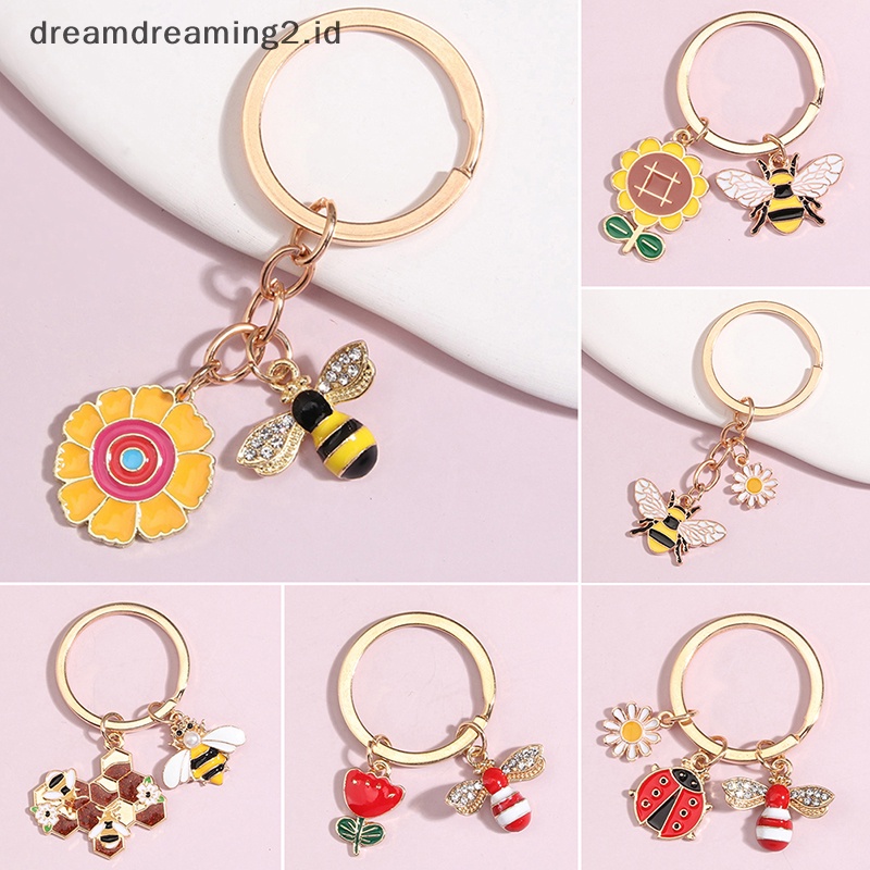 (drea) Lucu Lebah Honeycomb Heart Flower Key Ring Gantungan Kunci Taman Hadiah Aksesoris //