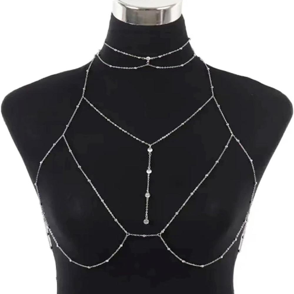 LILY Piece Body Chain, Aksesoris Tubuh Lingerie Chain, Rantai Dada Sexy +Kalung Perhiasan Tubuh Logam Multilayer Untuk Pantai