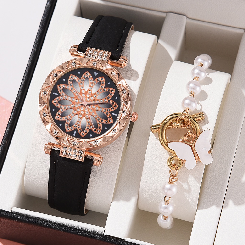 2PCS Wanita Set Kuarsa Jam Tangan Berlian Watch + Gelang Fashion Kasual Hadiah（No Box）