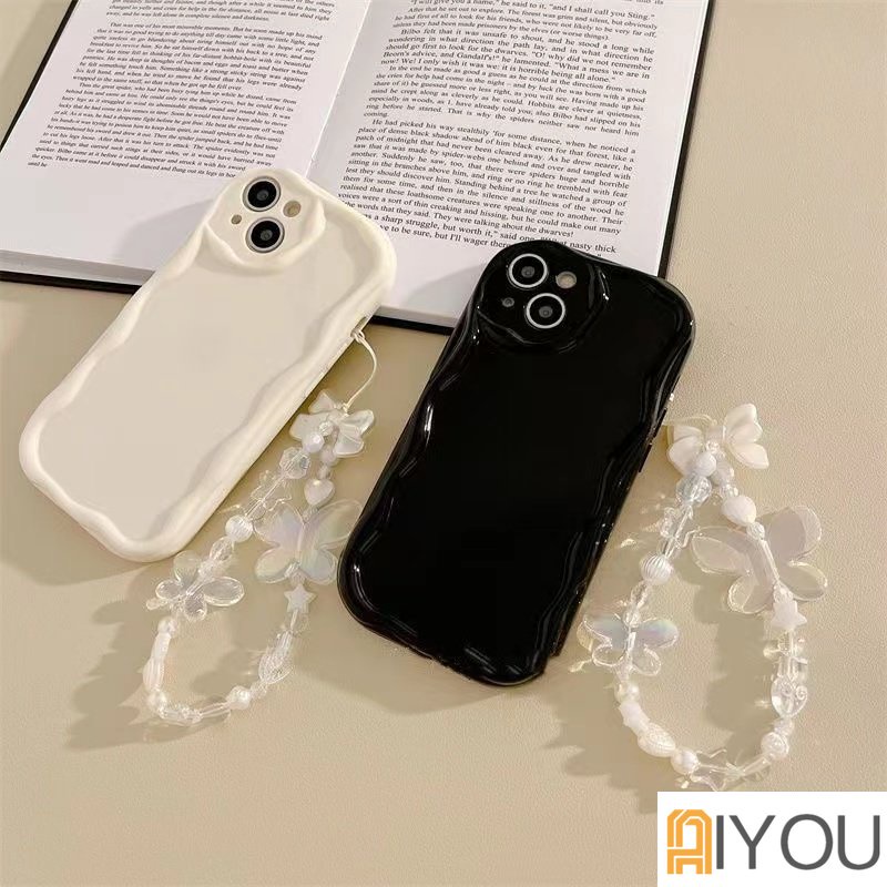 IPHONE Korea Lucu Mutiara Hati Kupu-Kupu Gelang Transparan Ponsel Case Untuk Iphone14 13 12 11 Pro XS Max X XR 78 Plus SE3 Shockproof Lanyard Soft Cover