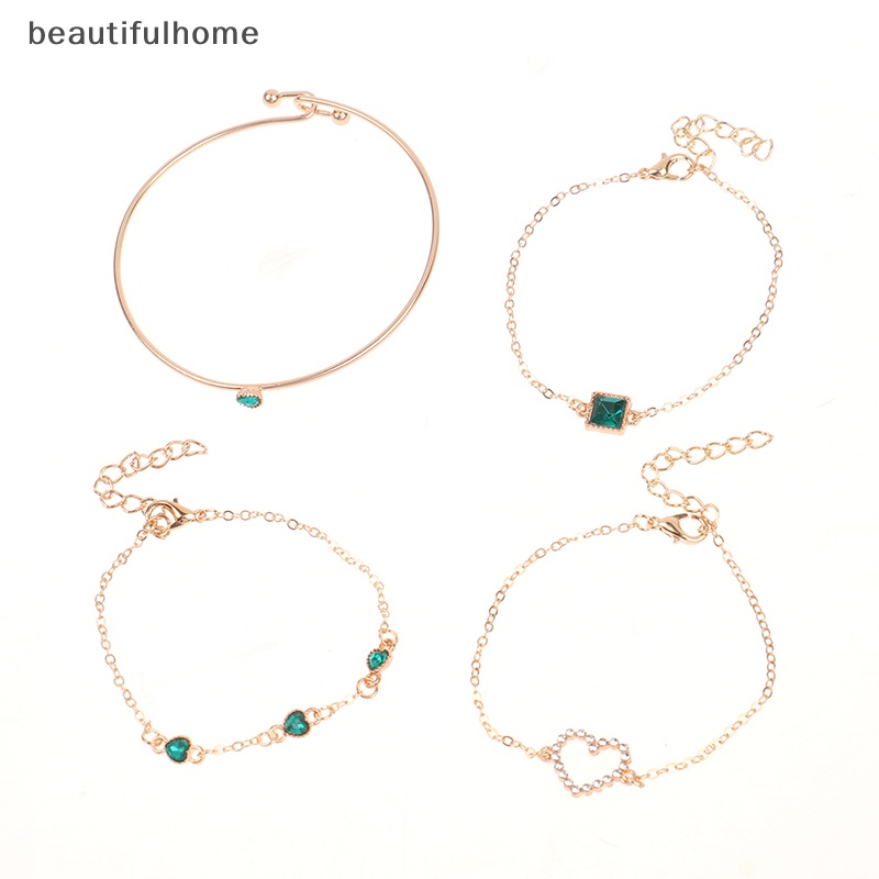 {beautifulhome} 4pcs/set Bertatahkan Batu Permata Hijau Gelang Set Perhiasan Untuk Wanita Gadis Jantung Gelang Pernikahan Pertunangan Gelang Fashion Pesta Perhiasan Hadiah.