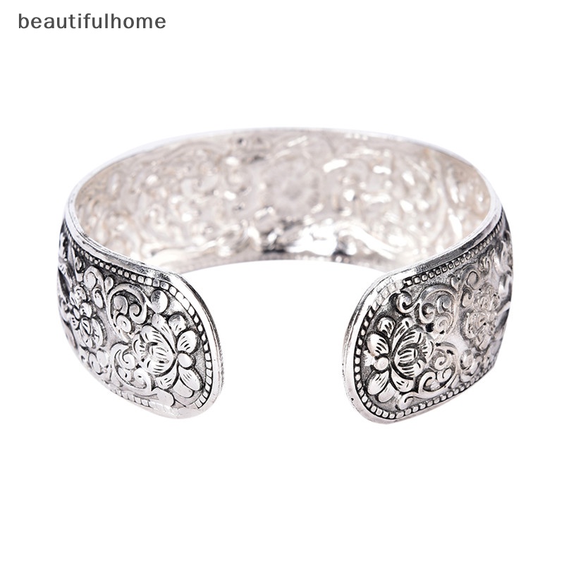 {beautifulhome} Baru Tibet Perak Totem Bangle Diukir Bunga Keberuntungan Bangle Cuff Bracelet.