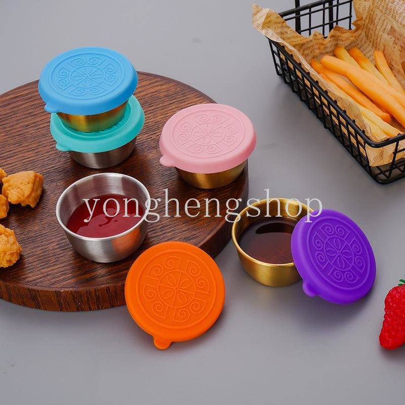 Cangkir Saus Stainless Steel Mini Dengan Tutup Dapat Digunakan Kembali Saus Saos Salad Saus Kecap Seasoning Bowl Dipping Cups Condiment Container Food Storage Appetizer Plates