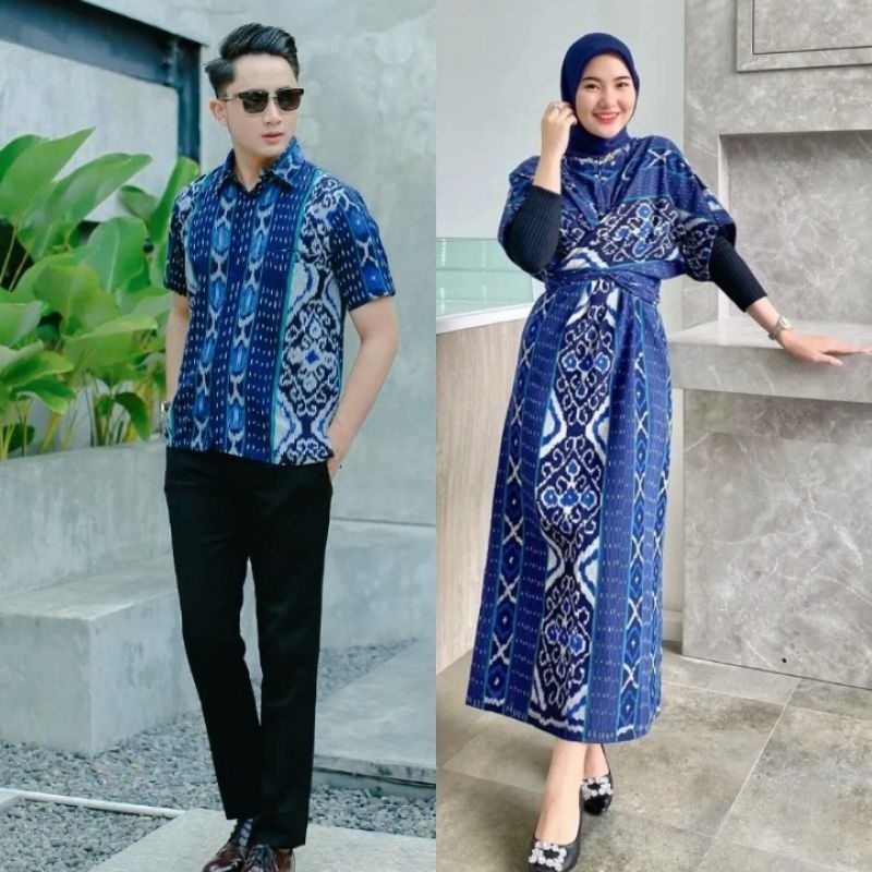 Long dress tenun set couple biru navy baju kondangan Outfit kekinian setelan prewedding