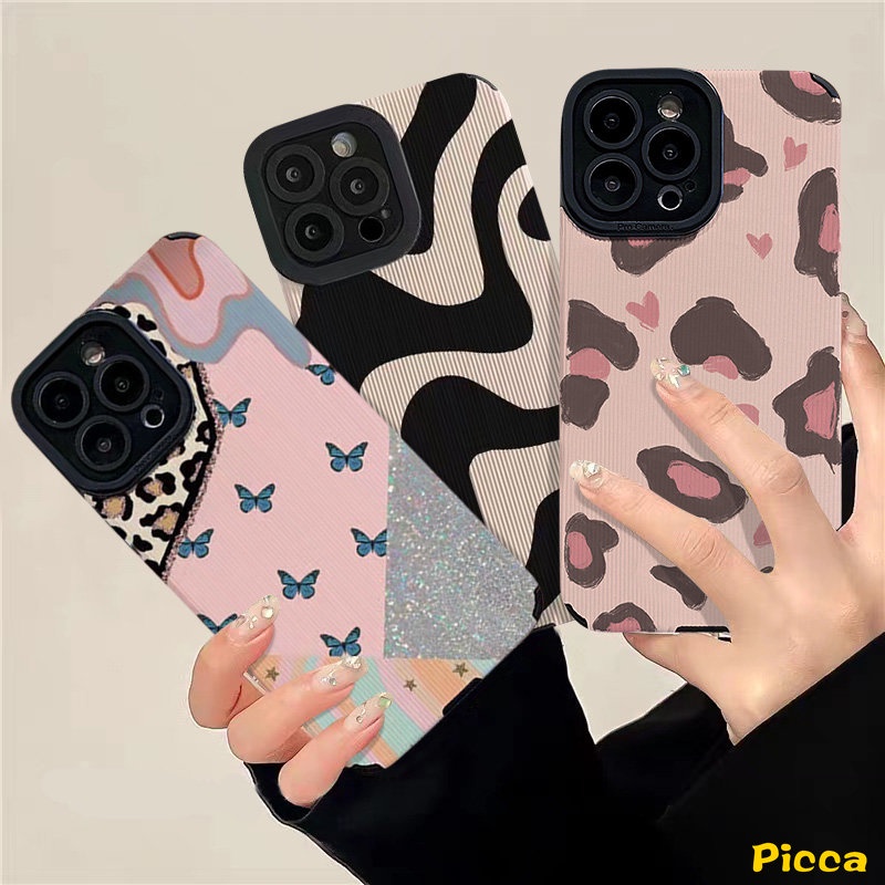 IPHONE Casing Jahitan Kontras Leopard Merek Trendi Kompatibel Untuk Iphone11 13 12 14 Pro MAX XR 7 8 Plus X XS MAX 7Plus Cinta Hati Tekstur Kulit Shockproof Cover