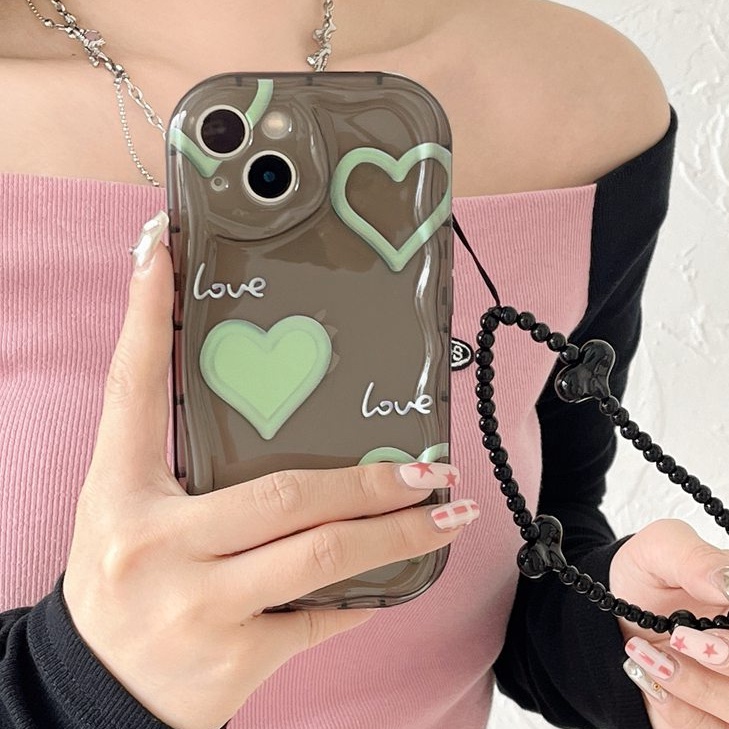 3D Clear Cream Love Black Bracelet Soft Case IPhone 11 12 13 14 Pro Max New Apple for Women Girls Gift Bracelet Airbag Case