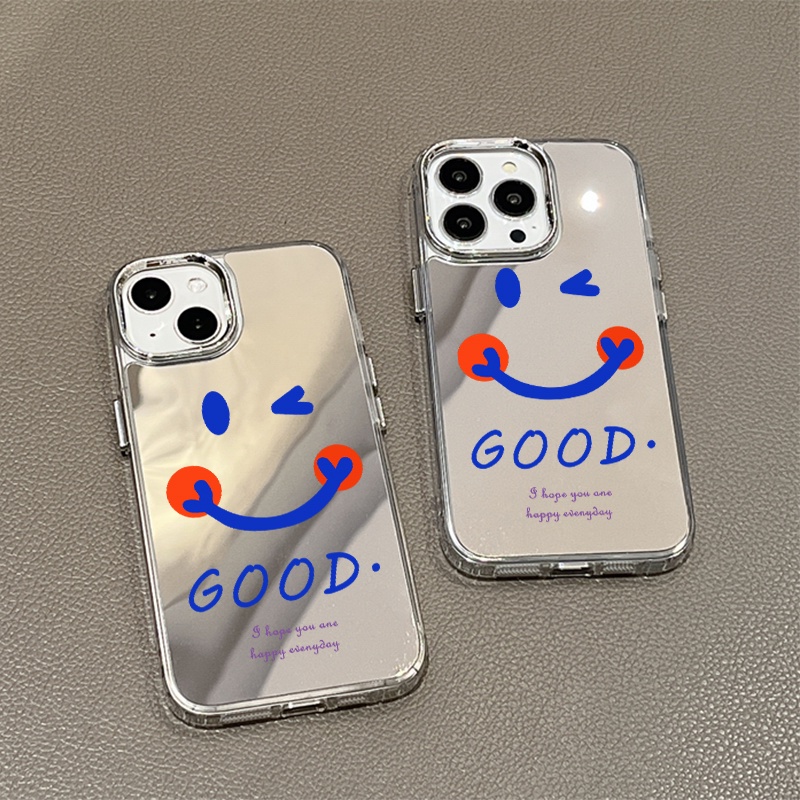 IPHONE Casing Ponsel Cermin Smile Biru Bagus Kompatibel Untuk Iphone11 12 13 14 12Pro 13Pro 14Pro Pro Max XR X XS Max Electroplating Tombol Perlindungan Mirror Cover