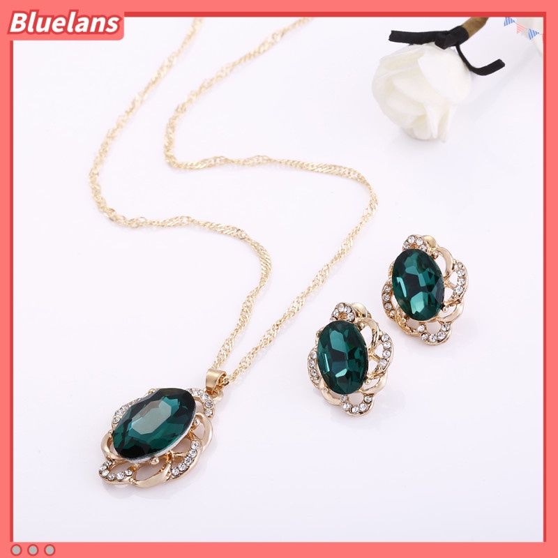 [BLS] Kristal Belah Ketupat Kalung Anting Set Kombinasi Anting Liontin Perhiasan Set