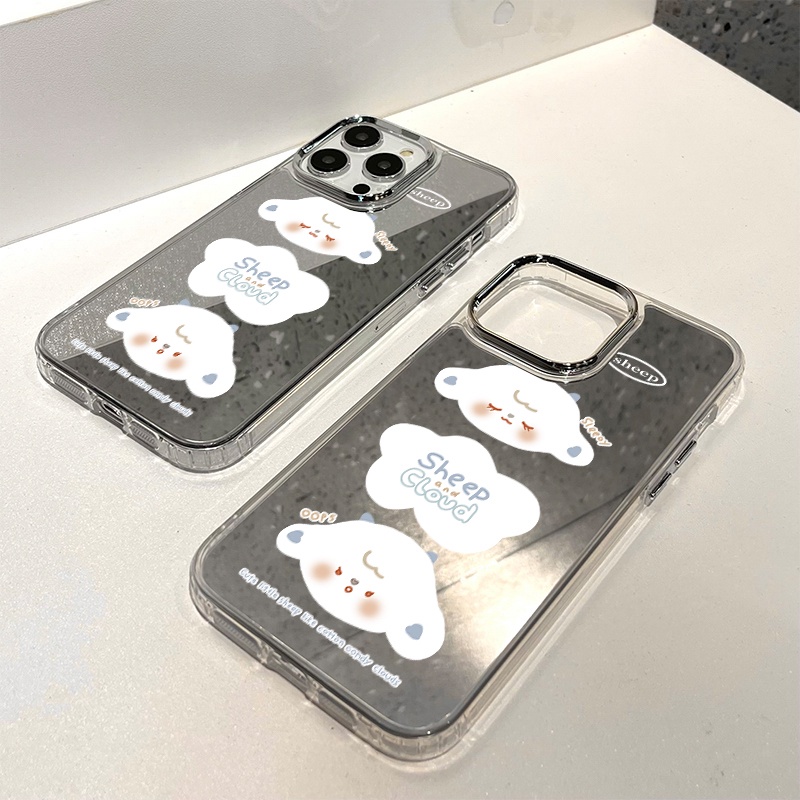 IPHONE Casing Ponsel Cermin Awan Domba Lucu Kompatibel Untuk Iphone11 12 13 14 12Pro 13Pro 14Pro Pro Max XR X XS Max Electroplating Tombol Perlindungan Mirror Cover