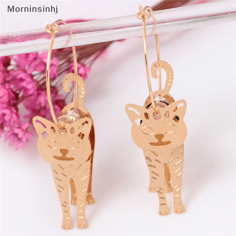 Mornin Lingkaran Emas Hewan Kucing Liontin Anting Mutiara Kait Drop Menjuntai Earrings Perhiasan id