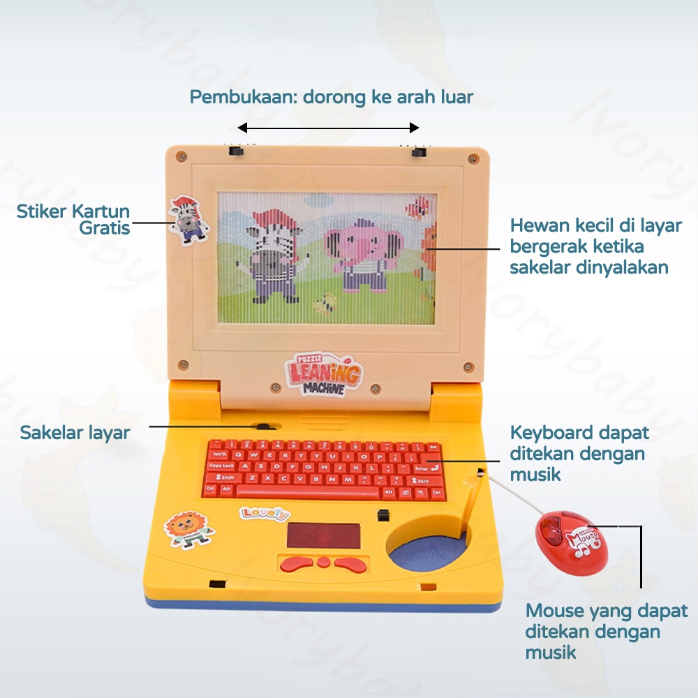 Ivorybaby Musik laptop mainan edukasi anak inggris dan layar kartun bergerak Music computer elektrik