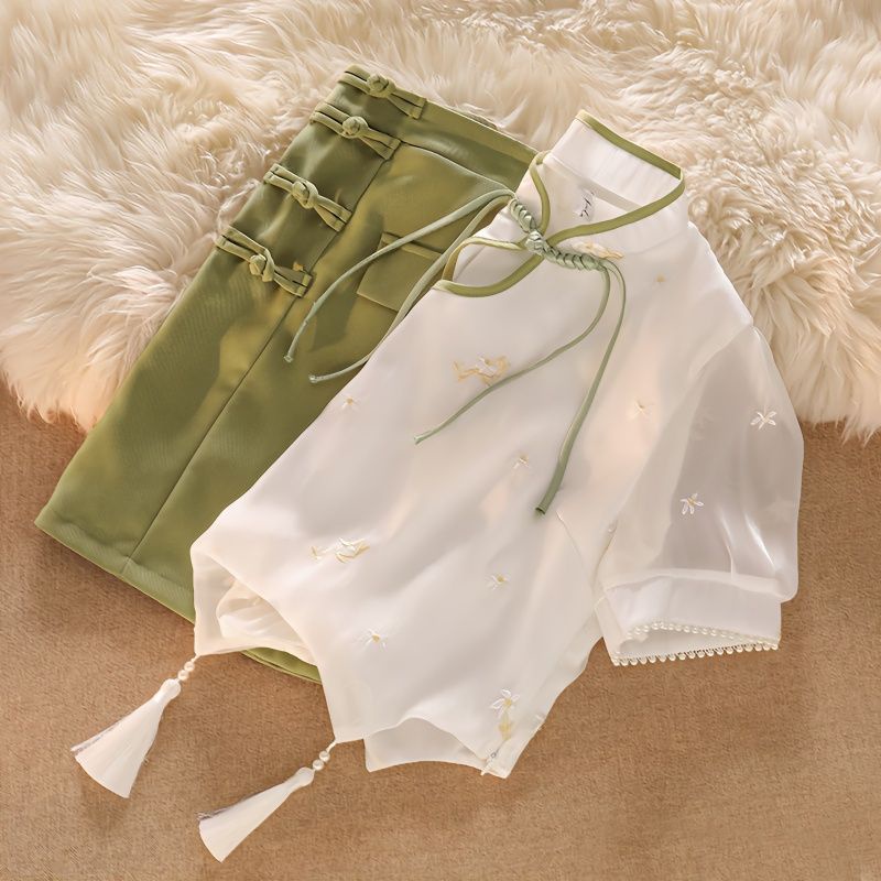 Vintage Cheongsam Shirt Half Skirt Kikyo Two Piece Set