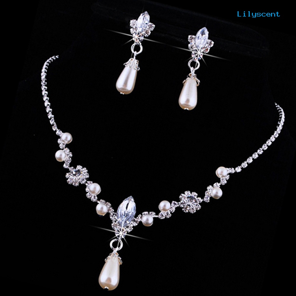 [LS]Bridal Pernikahan Imitasi Mutiara Berlian Imitasi Kalung Set Anting Tetes Air