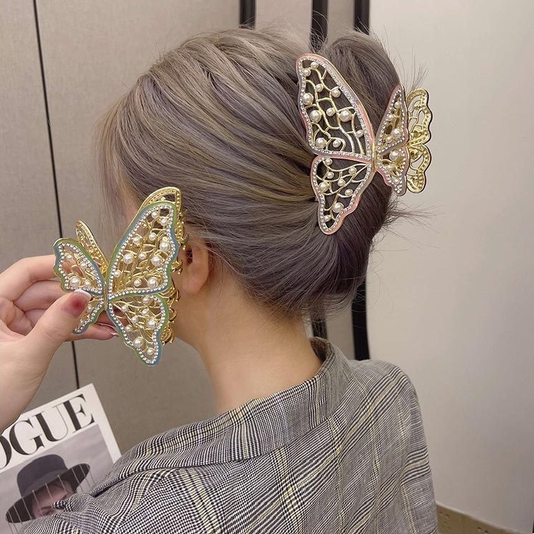 Jedai Logam 9.5cm Kupu Kupu Jepit Rambut Alloy Jumbo dengan Aksen Mutiara Permata Jepit Rambut Salon Diamond Pearl Bahan Besi Metal Motif Butterfly