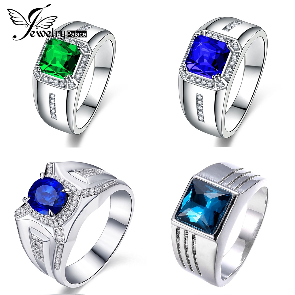 Jewelrypalace Asli Pria Simple Perhiasan Perak925 Safir Zamrud Cincin M085